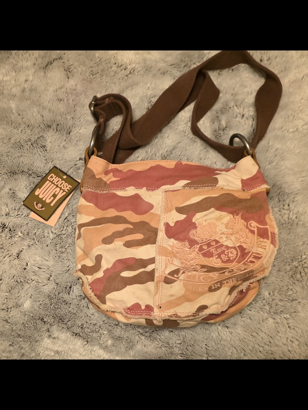 Juicy Couture Pink & Brown Camo Canvas Crossbody Bag NWT